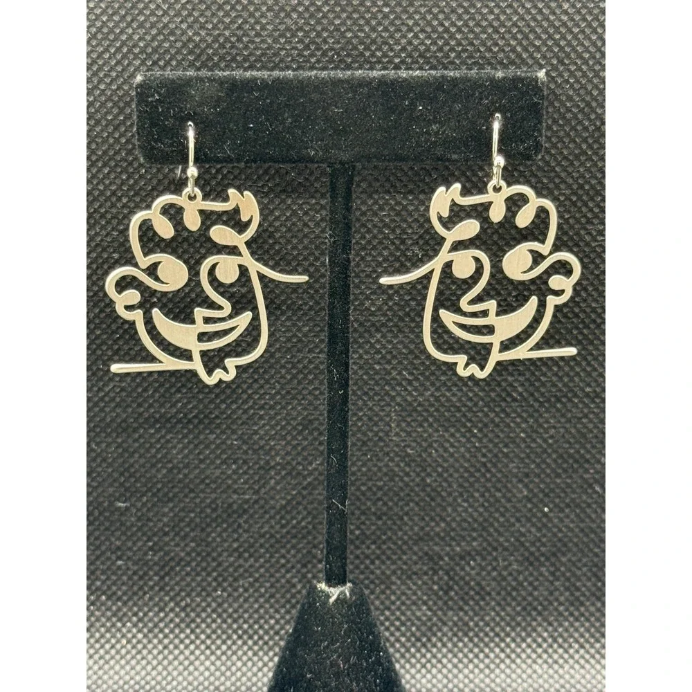 Abstract Face Drop Earrings Silver Tone Line Art Picasso Style Whimsical Dangle